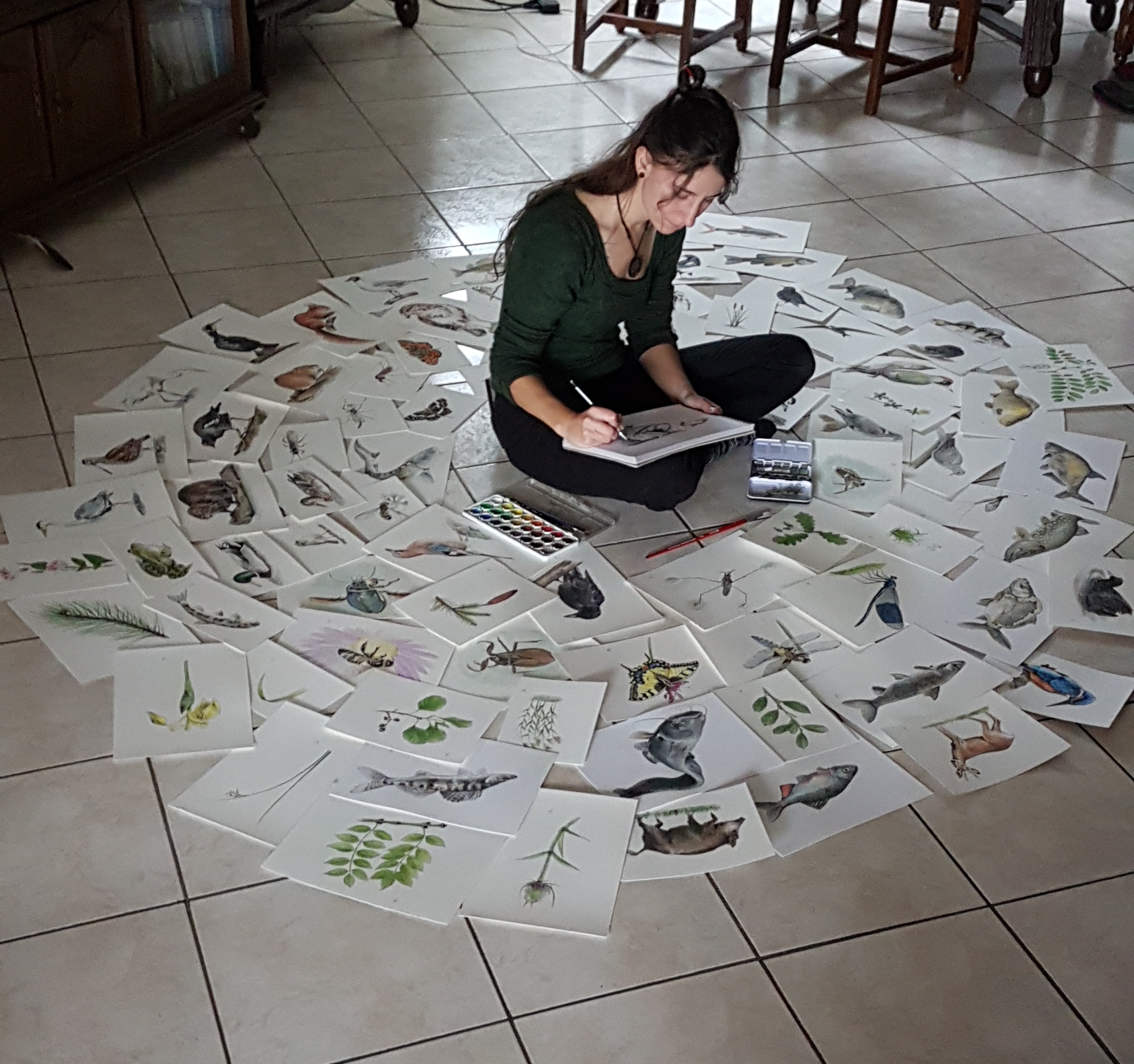Pauline, artiste, entourée de ses dessins